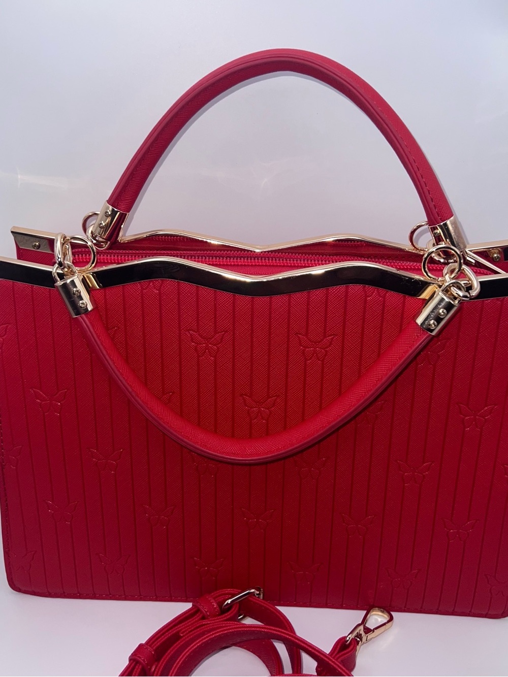 CROSSI Red Embossed Butterfly Satchel Handbag Gold Tone Hardware Crossbody Strap